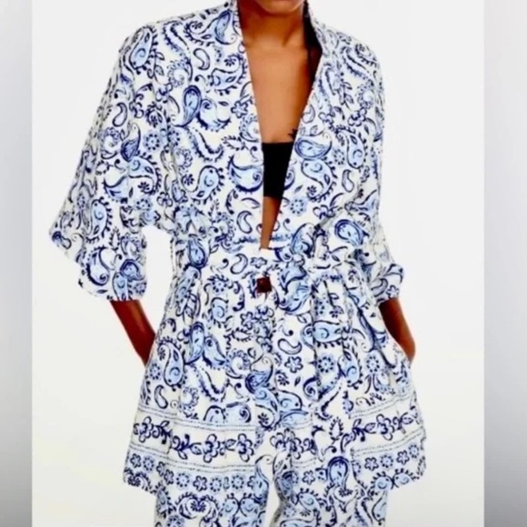 NWT Zara Linen Blend Kimono Jacket Paisley print Sz XS-S - Picture 2 of 11